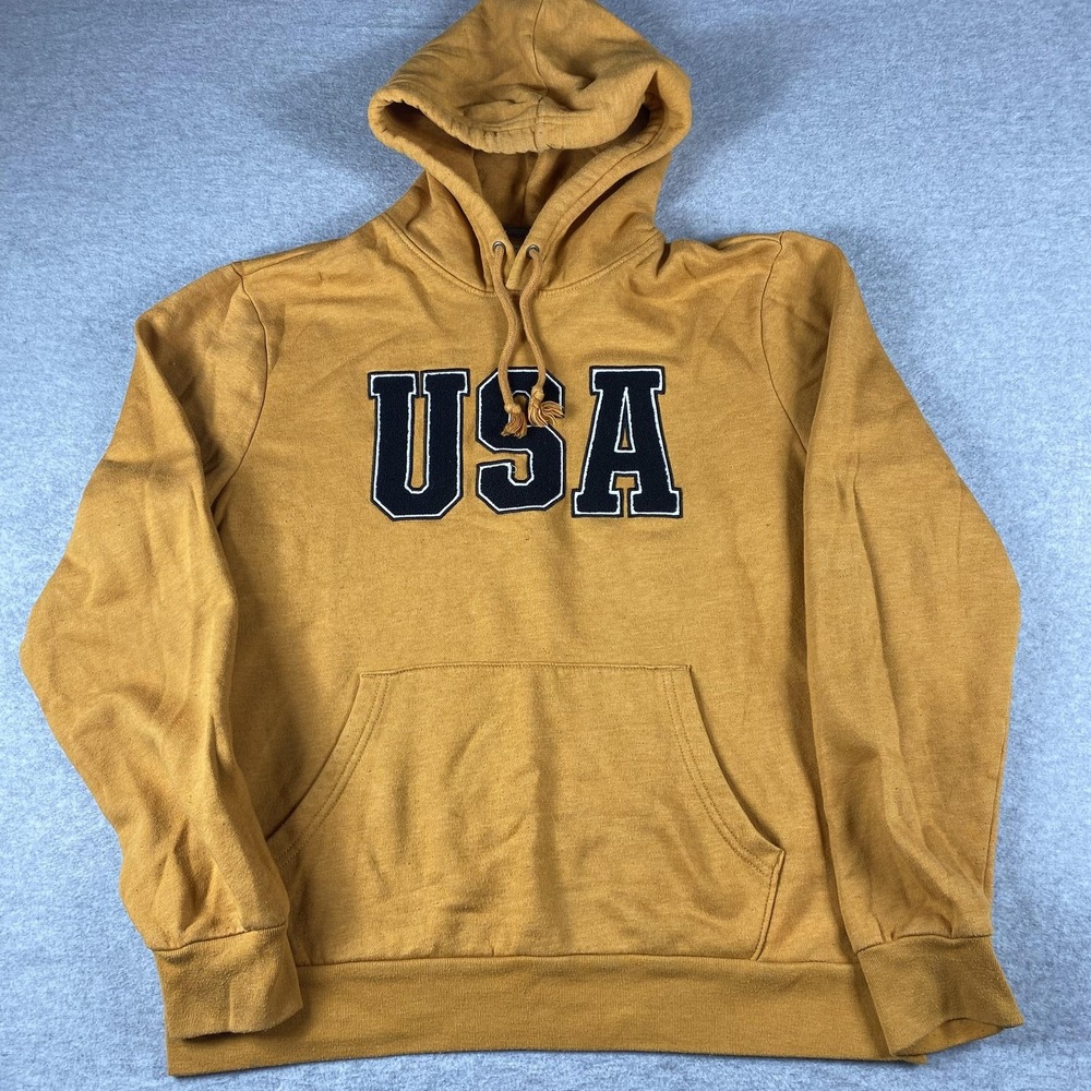 Old Navy Hoodie Mens Medium Yellow USA Graphic Patriotic Pullover Sweatshirt